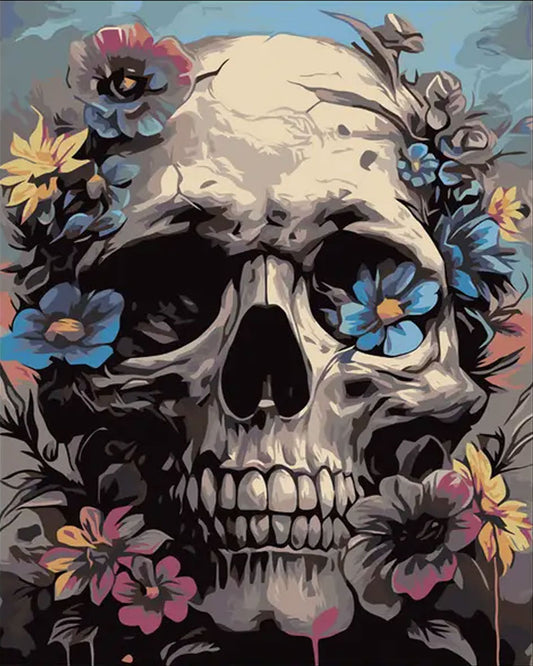 A stylized skull illustration surrounded by colorful flowers, with blue, pink, yellow, and gray tones against a dark background.