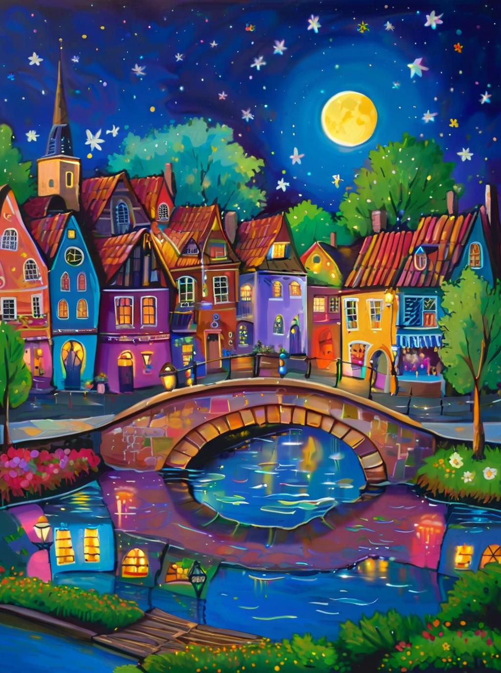 A colorful painting of a whimsical nighttime village scene with a stone bridge over a canal, glowing houses, trees, and a bright full moon in a starry blue sky.