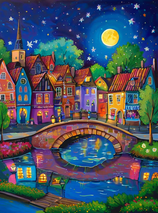 A colorful painting of a whimsical nighttime village scene with a stone bridge over a canal, glowing houses, trees, and a bright full moon in a starry blue sky.