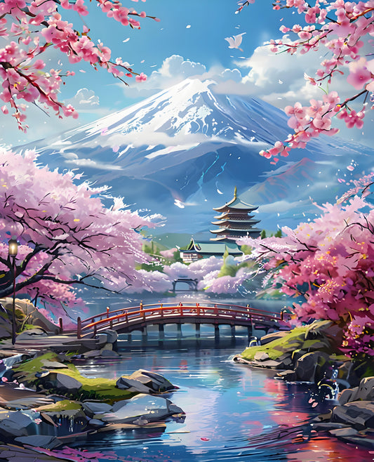 Scenic view of Mount Fuji with cherry blossom trees and a bridge over water.