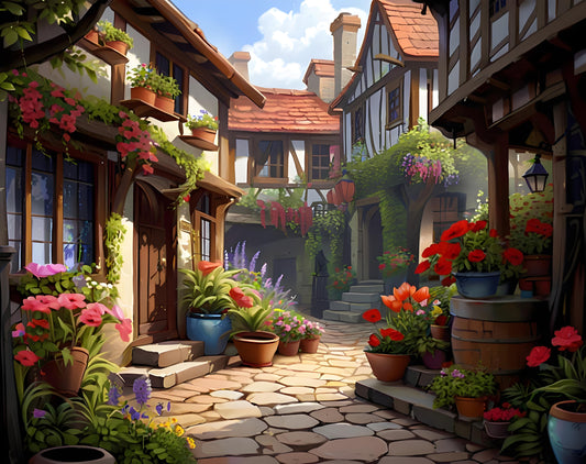 Cute little town with charming houses and a cobblestone street lined with potted plants and flowers.