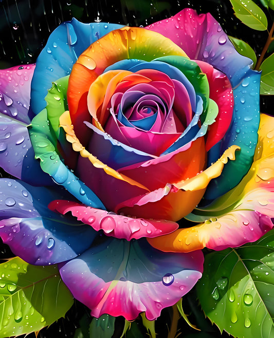 Multicolored rainbow rose with water droplets on green leaves