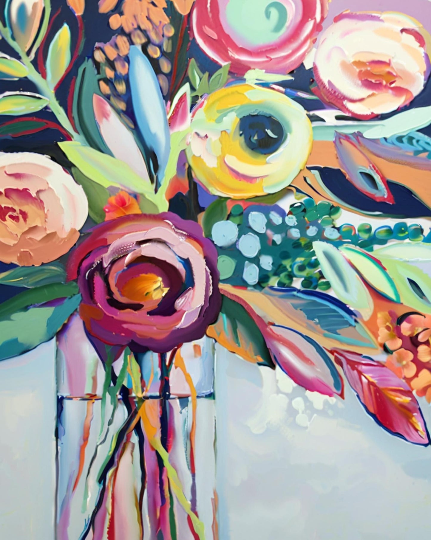 Colorful floral painting with a vase on a white background