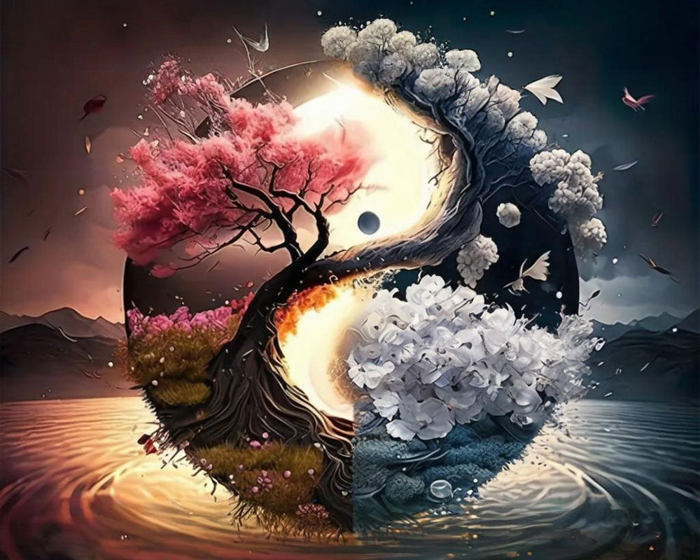 A surreal digital artwork showing a yin-yang style composition with a flowering pink tree on the left and white clouds on the right, set over water with mountains and birds in the background.