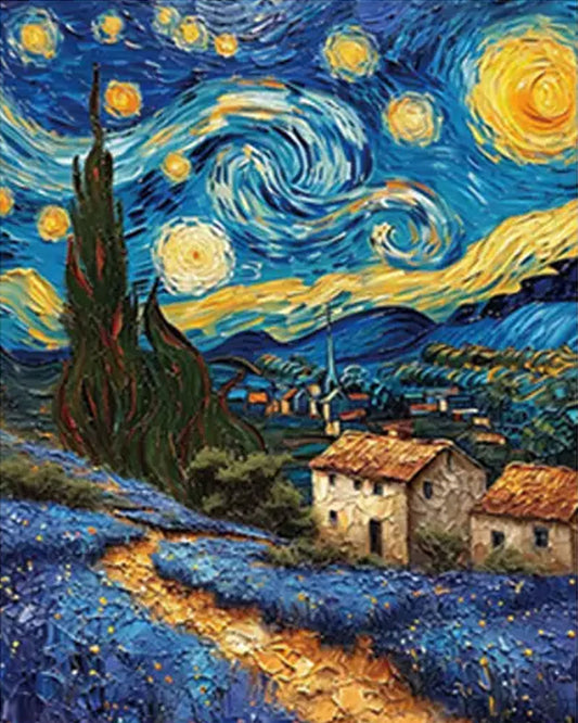 A stylized landscape artwork inspired by Van Gogh's Starry Night, showing swirling blue and yellow sky, a dark cypress tree, small houses with orange roofs, and a winding path through blue fields.
