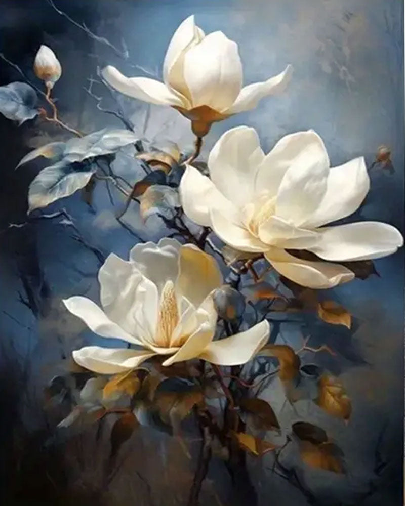 A close-up floral artwork showing large white magnolia blossoms with muted blue-gray and brown leaves against a dark blue-gray background.