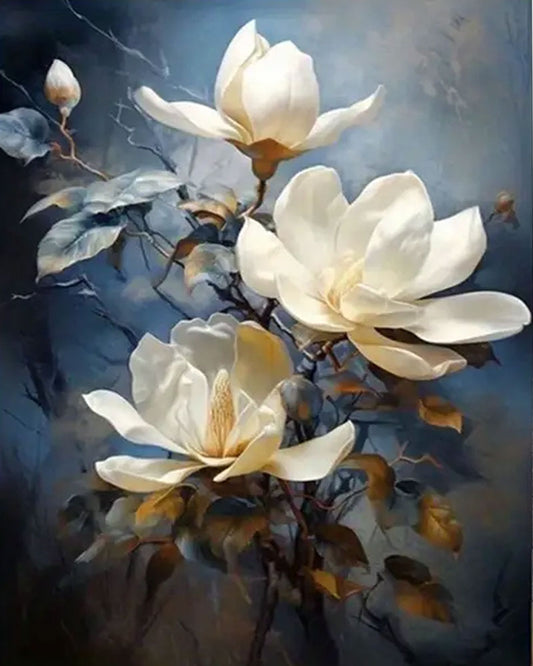A close-up floral artwork showing large white magnolia blossoms with muted blue-gray and brown leaves against a dark blue-gray background.