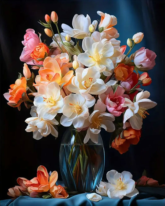 A still-life style floral arrangement in a clear glass vase, featuring large white lilies, peach and orange flowers, and pink blossoms against a dark blue-black background with blue fabric at the base.