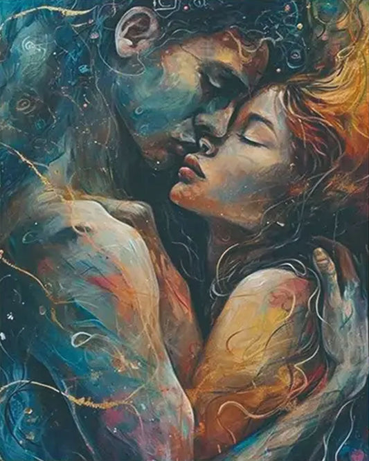 An abstract painting of a couple embracing and kissing, rendered in swirling brushstrokes of deep blue, teal, gold, orange, and brown tones.