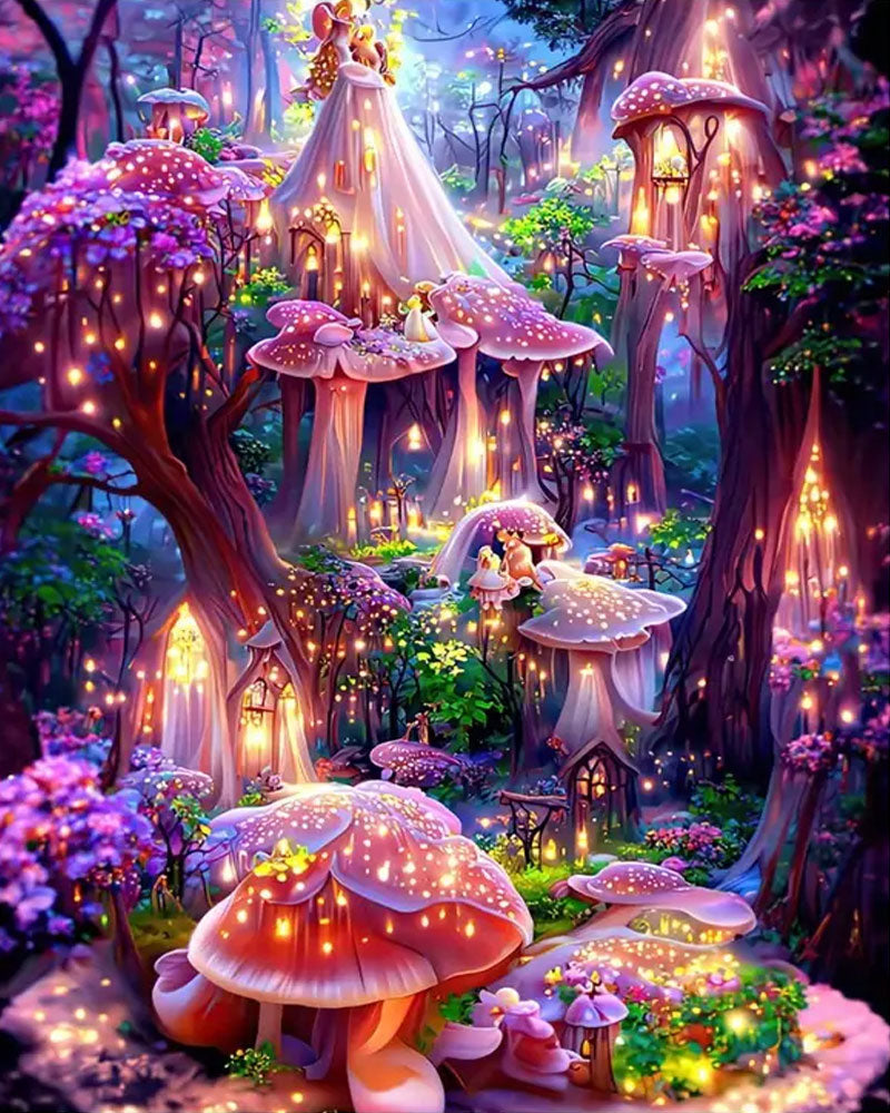 A whimsical fantasy forest scene with glowing mushroom houses, fairy lights, and small cottage-like structures nestled among purple flowers and tall trees.