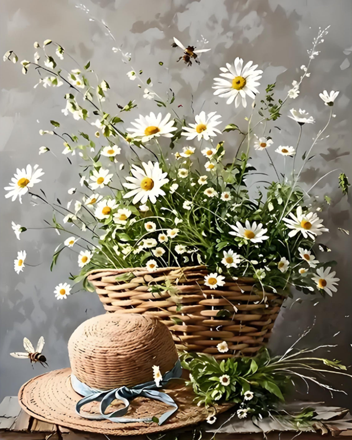 A rustic wicker basket filled with white daisies and green stems, styled on a wooden surface with a straw hat and ribbon in front, against a textured gray wall.