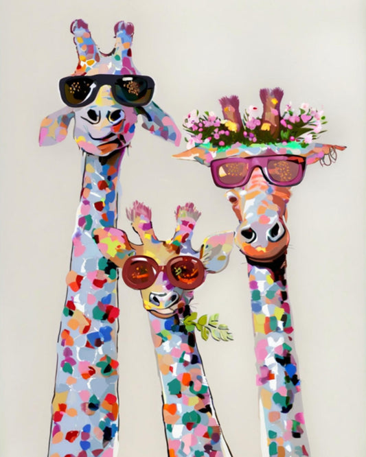 Colorful giraffe family with sunglasses and flowers on a plain background