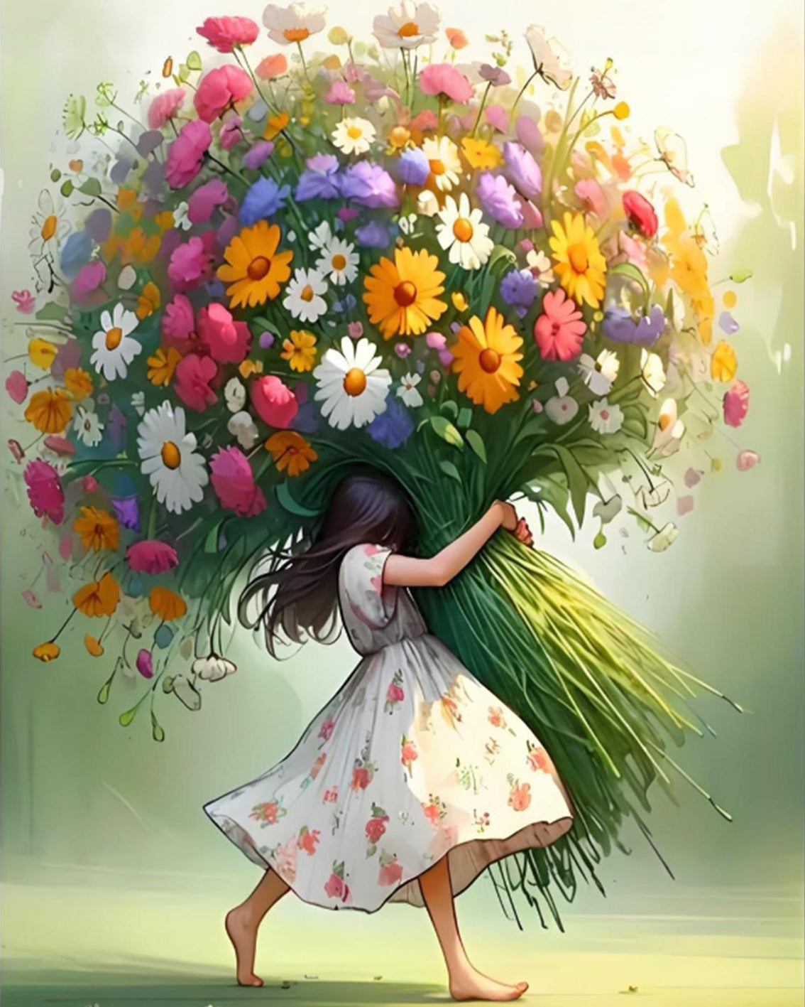 A whimsical illustration of a young girl in a white floral dress carrying a massive bouquet of colorful wildflowers, including yellow, pink, white, and purple blossoms, against a soft green background.