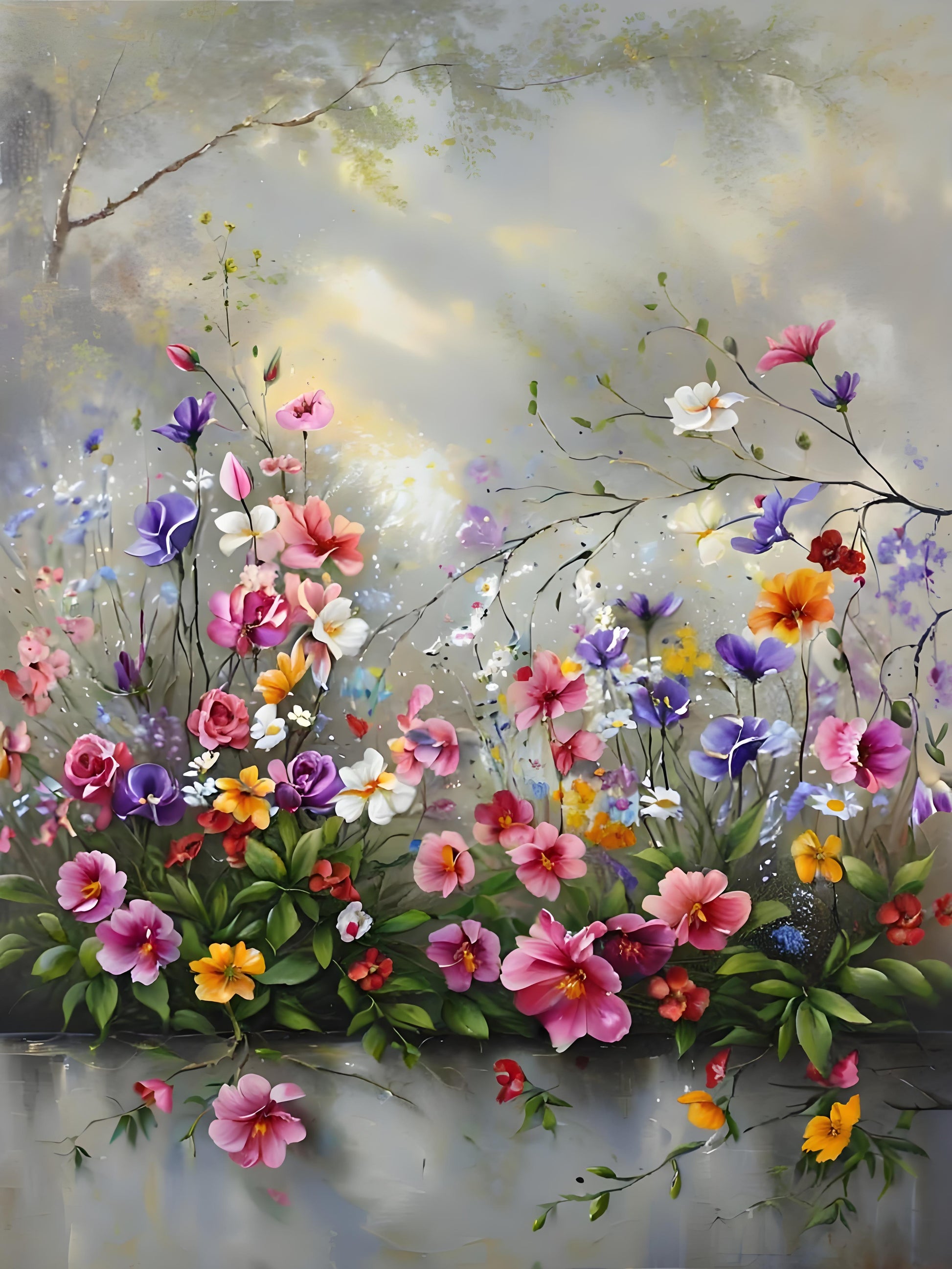 A colorful floral painting featuring a dense arrangement of pink, purple, yellow, orange, and white flowers with green leaves, set against a soft, misty gray and white background with faint tree branches.