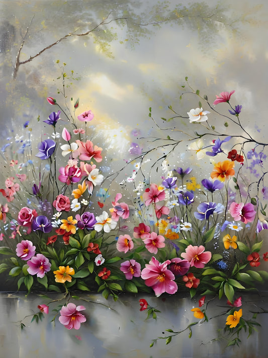 A colorful floral painting featuring a dense arrangement of pink, purple, yellow, orange, and white flowers with green leaves, set against a soft, misty gray and white background with faint tree branches.