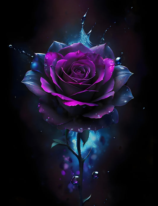 A dramatic depiction of a single dark rose with glowing magenta and purple petals, surrounded by blue water droplets and a dark cosmic background.
