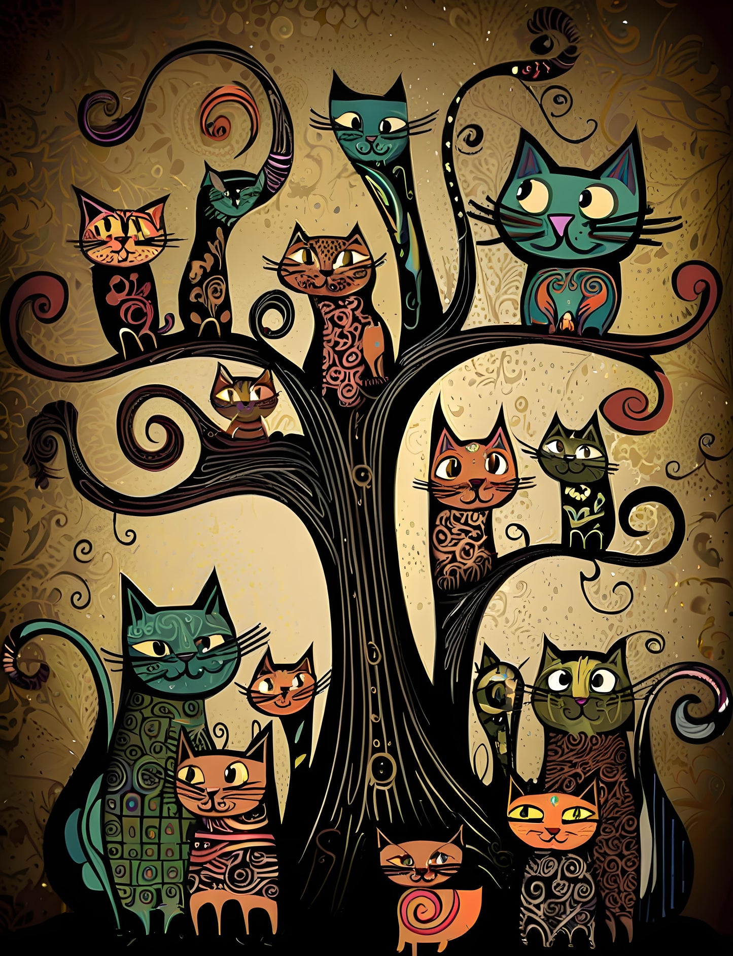 Illustration of cats in a tree with a vintage background