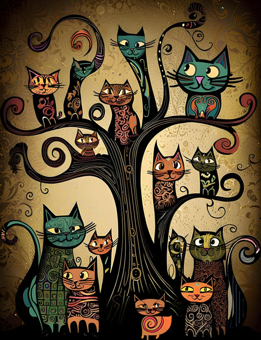 Illustration of cats in a tree with a vintage background