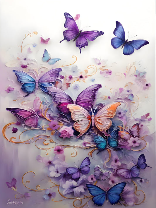Colourful butterflies in shades of purple, blue, pink, and orange, surrounded by delicate flowers and gold swirls on a soft white and lavender background.