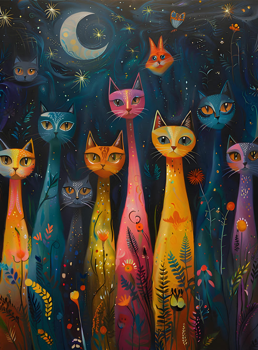 Colorful illustration of cats in a night sky with stars and moon.