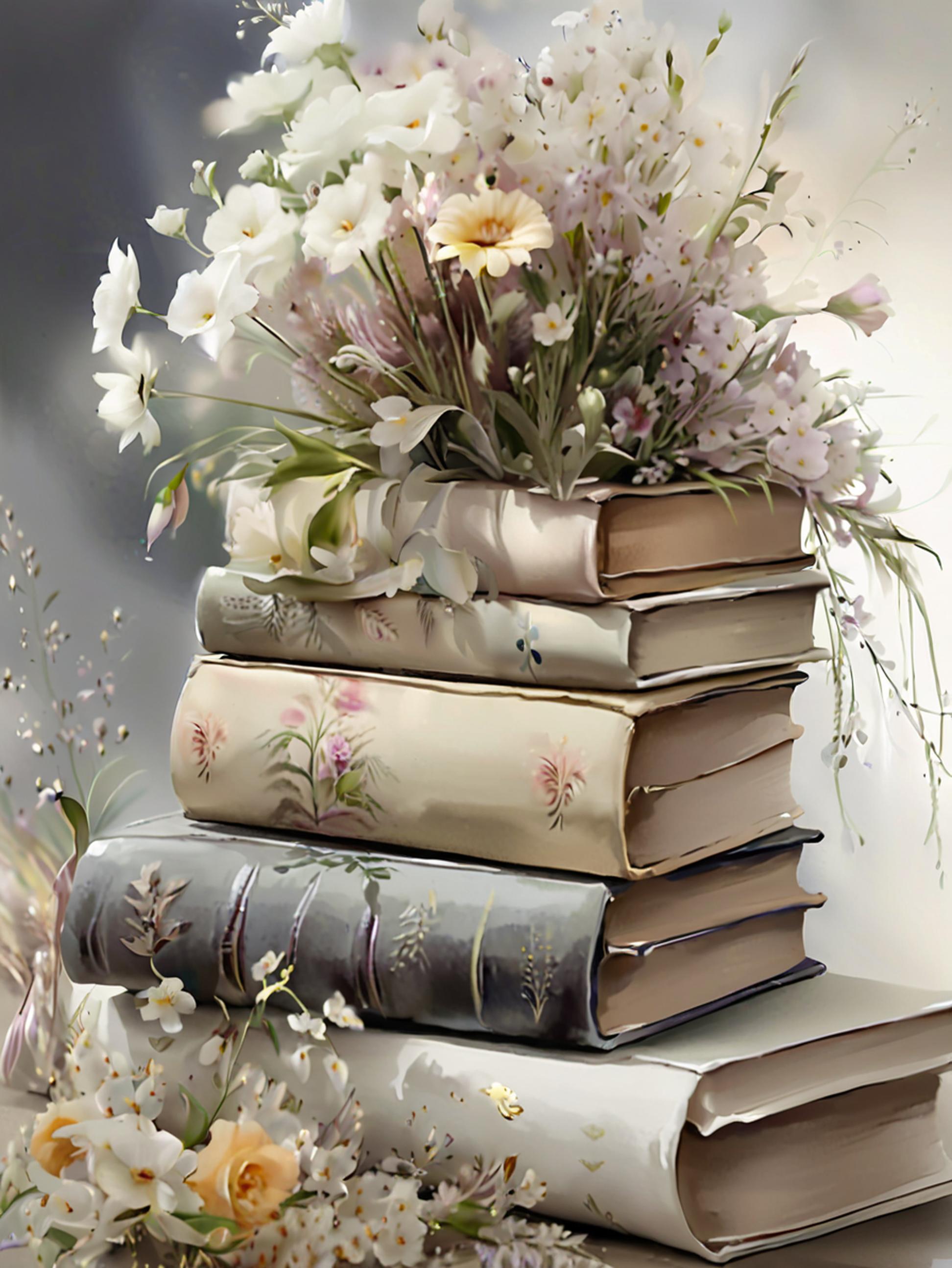 Stack of ornate books with floral arrangements on a soft background