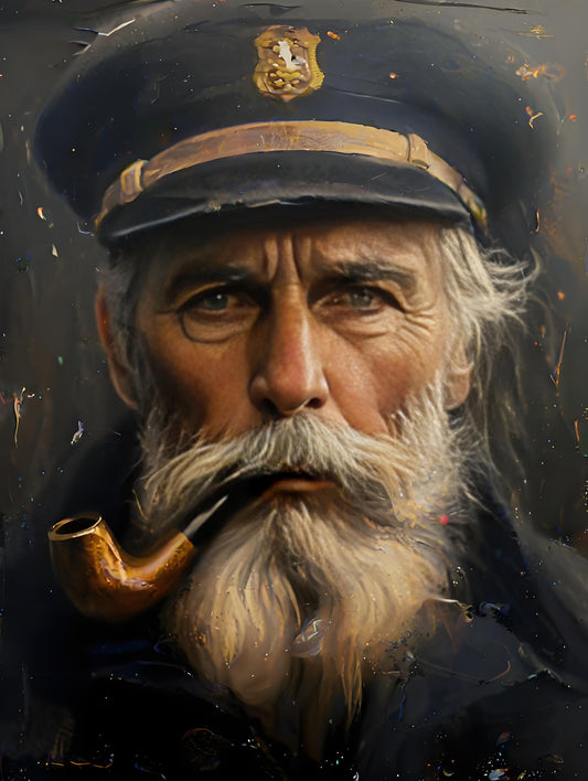 Portrait of an old sea captain with a white beard and pipe, wearing a dark cap with a badge.
