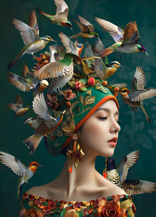 A surreal portrait of a woman in profile with a large decorative headpiece and many birds flying around her.