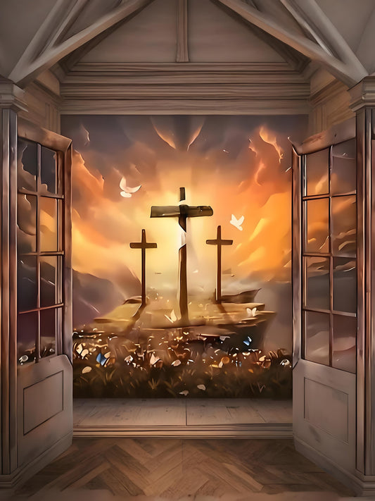 A dramatic wall mural or wallpaper depicting three crosses on a ship under a fiery orange and yellow sky, viewed from inside a room with open wooden doors and  wood flooring.