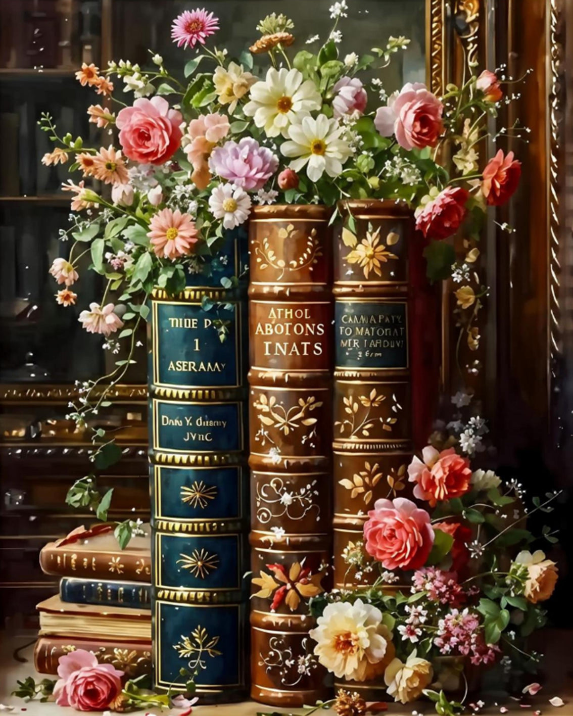 Decorative arrangement with ornate books and colorful flowers in a vintage setting
