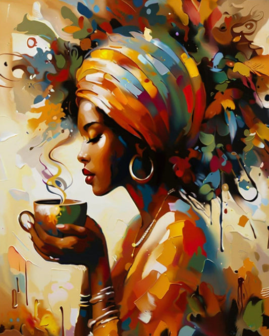 Colorful artwork of a woman holding a coffee cup with abstract elements.