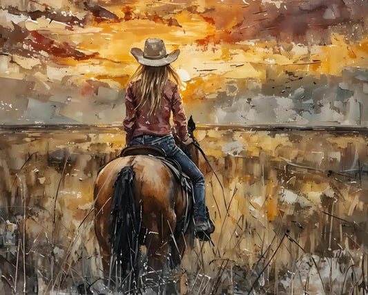 Impressionistic painting of a woman in a cowboy hat riding a brown horse across a field at sunset, with warm orange, yellow, and brown tones throughout the scene.