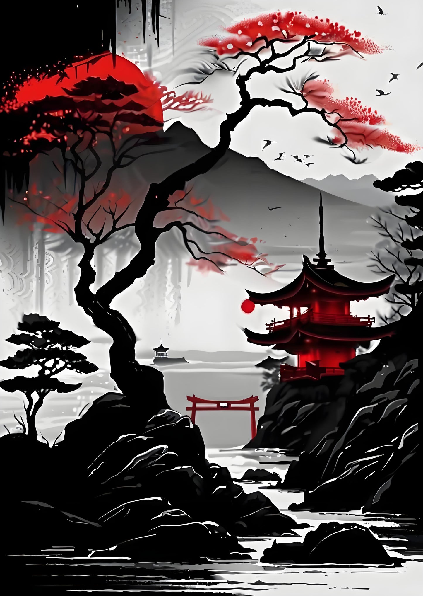 Japanese-inspired landscape artwork featuring a red sun, black and gray mountains, a red pagoda, a red torii gate, and a gnarled tree with red foliage over a rocky shoreline.
