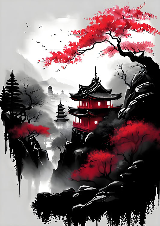 A stylized landscape artwork featuring a red pagoda on a rocky cliff, black inked trees and mountains, misty gray background, and vivid red foliage, rendered in an Asian-inspired ink-wash aesthetic.