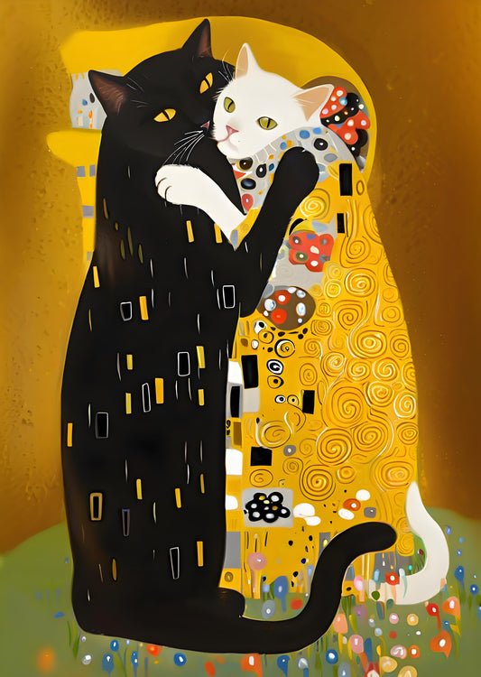 Two cats embracing, one black and one white, in front of a stylized abstract background.
