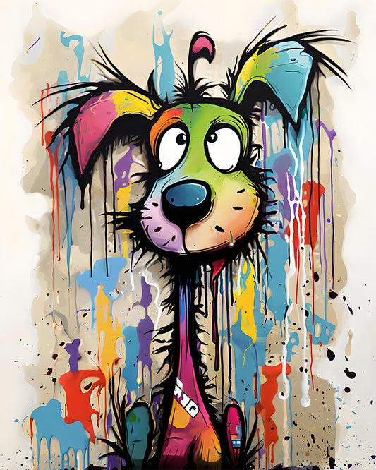 Vibrant graffiti-style art print of a cartoon dog with colorful dripping paint splatters on a beige background.