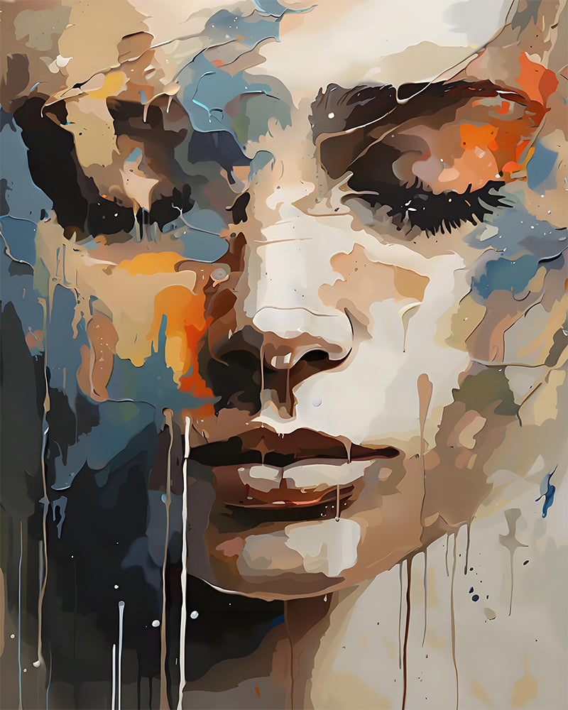 Abstract portrait painting of a woman's face rendered in expressive brushstrokes with beige, brown, blue, black, and orange tones, plus paint drips across the composition.