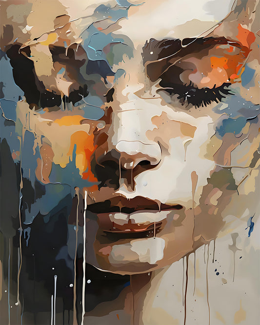 Abstract portrait painting of a woman's face rendered in expressive brushstrokes with beige, brown, blue, black, and orange tones, plus paint drips across the composition.