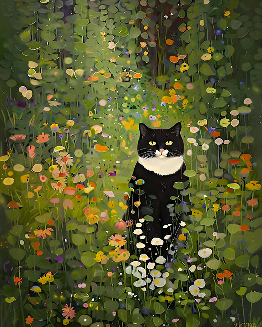 A black-and-white cat sits in a surreal field of green leaves and colourful wildflowers.