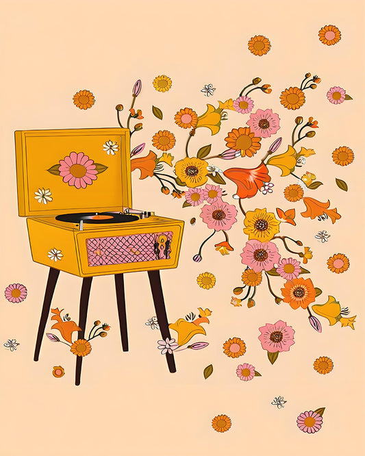 Vintage-style record player with floral design on a beige background