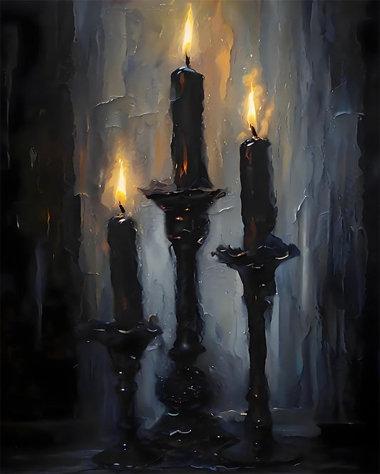 Impressionistic painting of three black candles in holders, lit with warm yellow flames against a dark gray and blue textured background.
