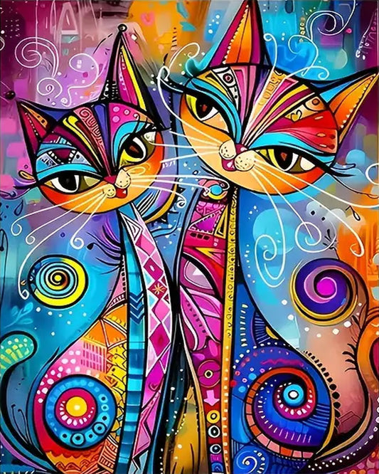 Colorful abstract painting of two cats with intricate patterns