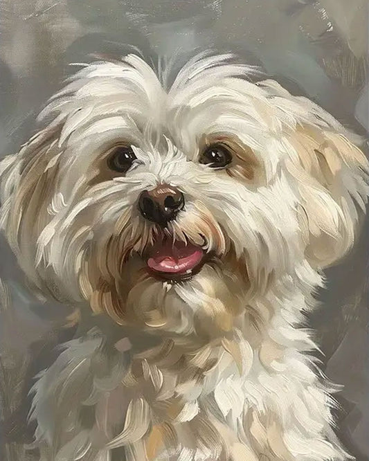 Painting of a fluffy white dog with a soft background