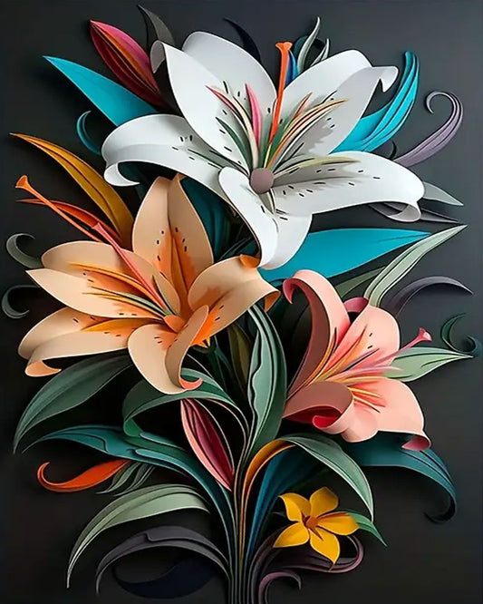 Colorful floral arrangement with lilies on a dark background