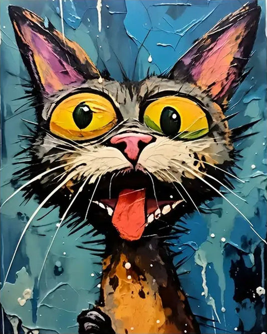 A colorful, textured painting of a cat's face with large yellow eyes, pink nose, and an open mouth showing its tongue, set against a blue painted background.