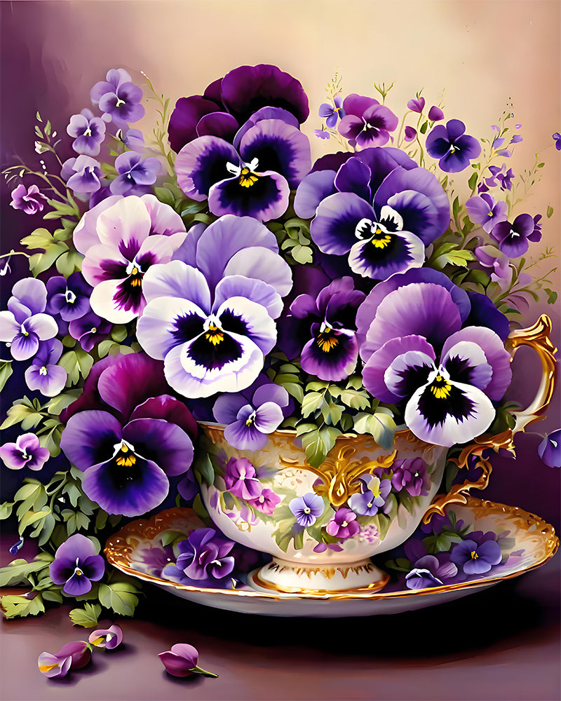 A decorative teacup and saucer filled with purple and lavender pansies, rendered in a painterly floral style with green leaves and gold detailing on the cup.