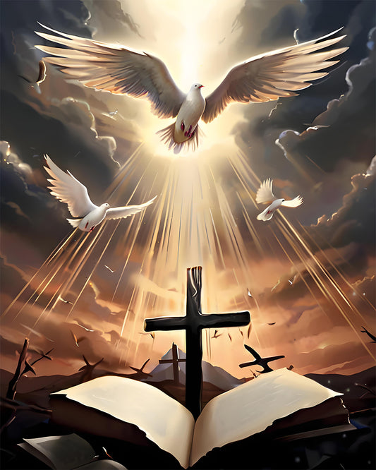 A dramatic religious artwork showing three white doves flying toward bright sunlight breaking through dark clouds, with an open Bible and a black cross in the foreground.