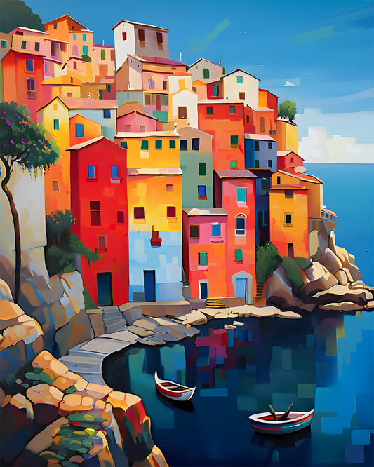 Colorful coastal village artwork showing tightly packed pastel and saturated houses on a cliffside beside a blue sea, with two small boats in the water and rocky foreground.