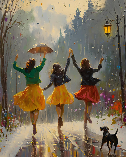 A colourful painting of three girls running hand-in-hand in the rain on a tree-lined path, holding an umbrella, with a black dog following. The girls wear bright yellow, red, and green outfits, and the scene is filled with raindrops, flowers, and a glowing streetlamp.