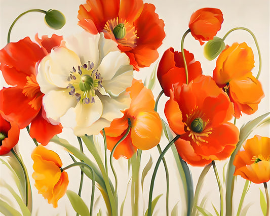 A close-up floral artwork showing bright orange and red poppy-like flowers with one prominent white flower in the center, green stems, and a soft cream background.