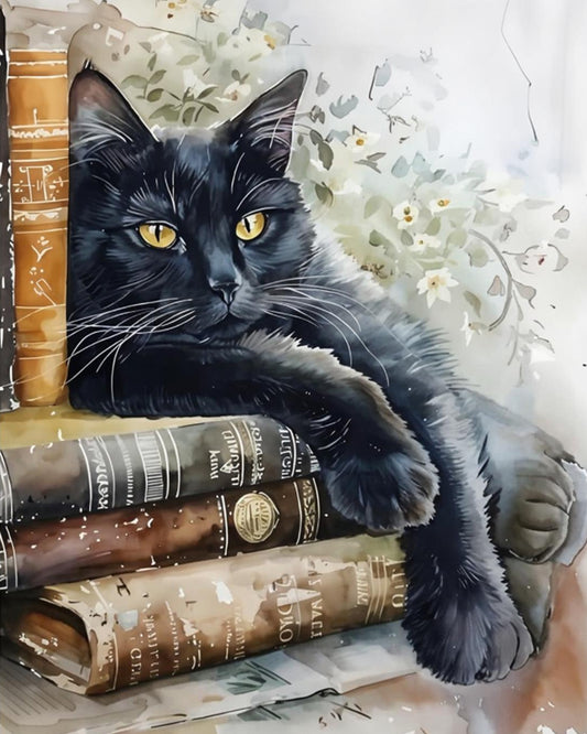 Painting of a black cat lying on vintage books with a floral background